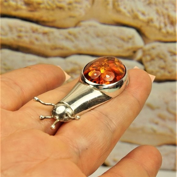 BALTIC AMBER 925 SILVER SNAIL BROOCH, RARE TO FIND JEWELRY, GIFT FOR WOMEN - Picture 2 of 10